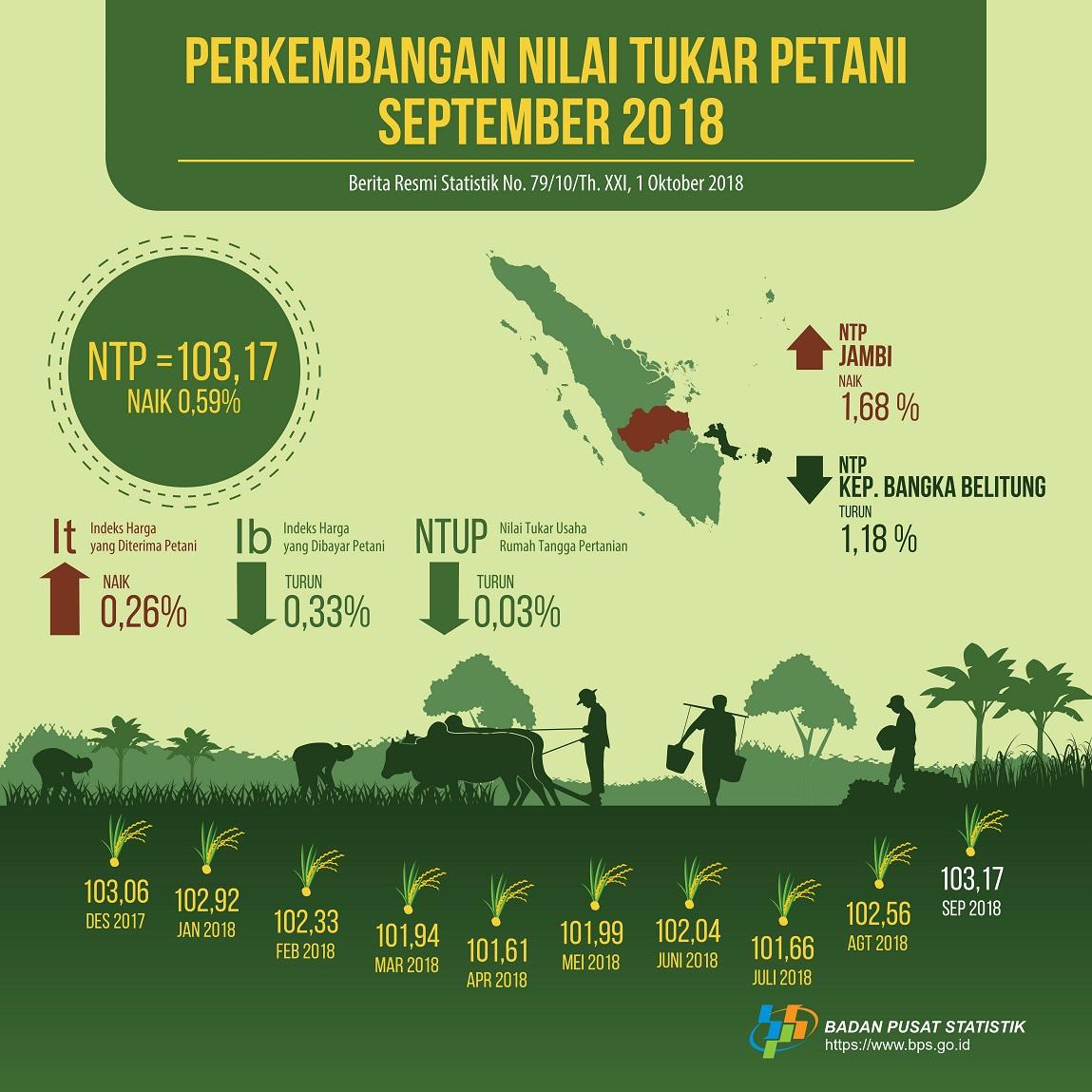 Nilai Tukar Petani (NTP) September 2018 sebesar 103,17 atau naik 0,59 persen. Harga Gabah Kering Panen di Tingkat Petani naik 2,40 persen dan Harga Beras Medium di Penggilingan naik 1,50 persen.