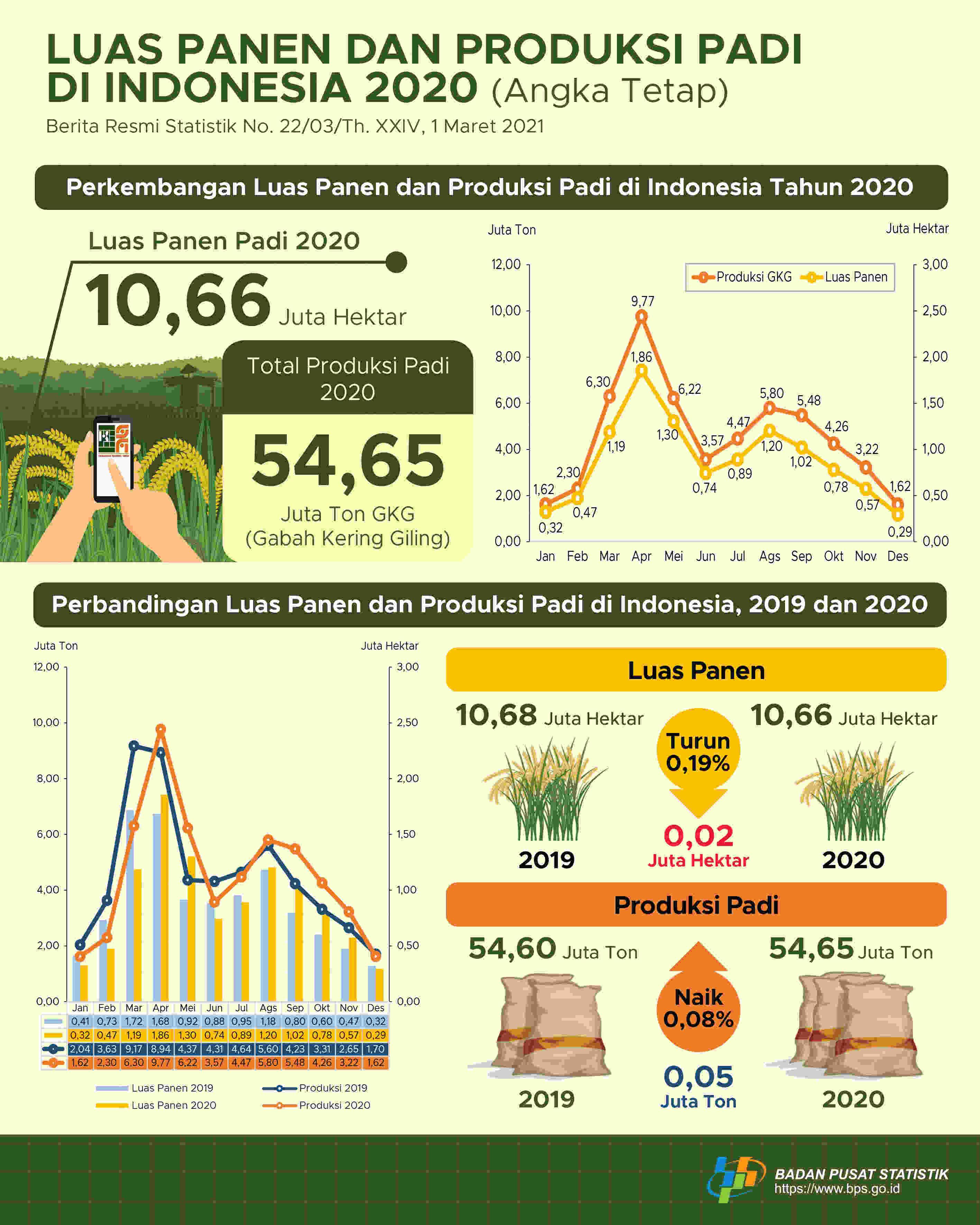 The rice harvested area in 2020 has decreased compared to 2019 by 0.19 percent and rice production in 2020 has increased compared to 2019 by 0.08 percent