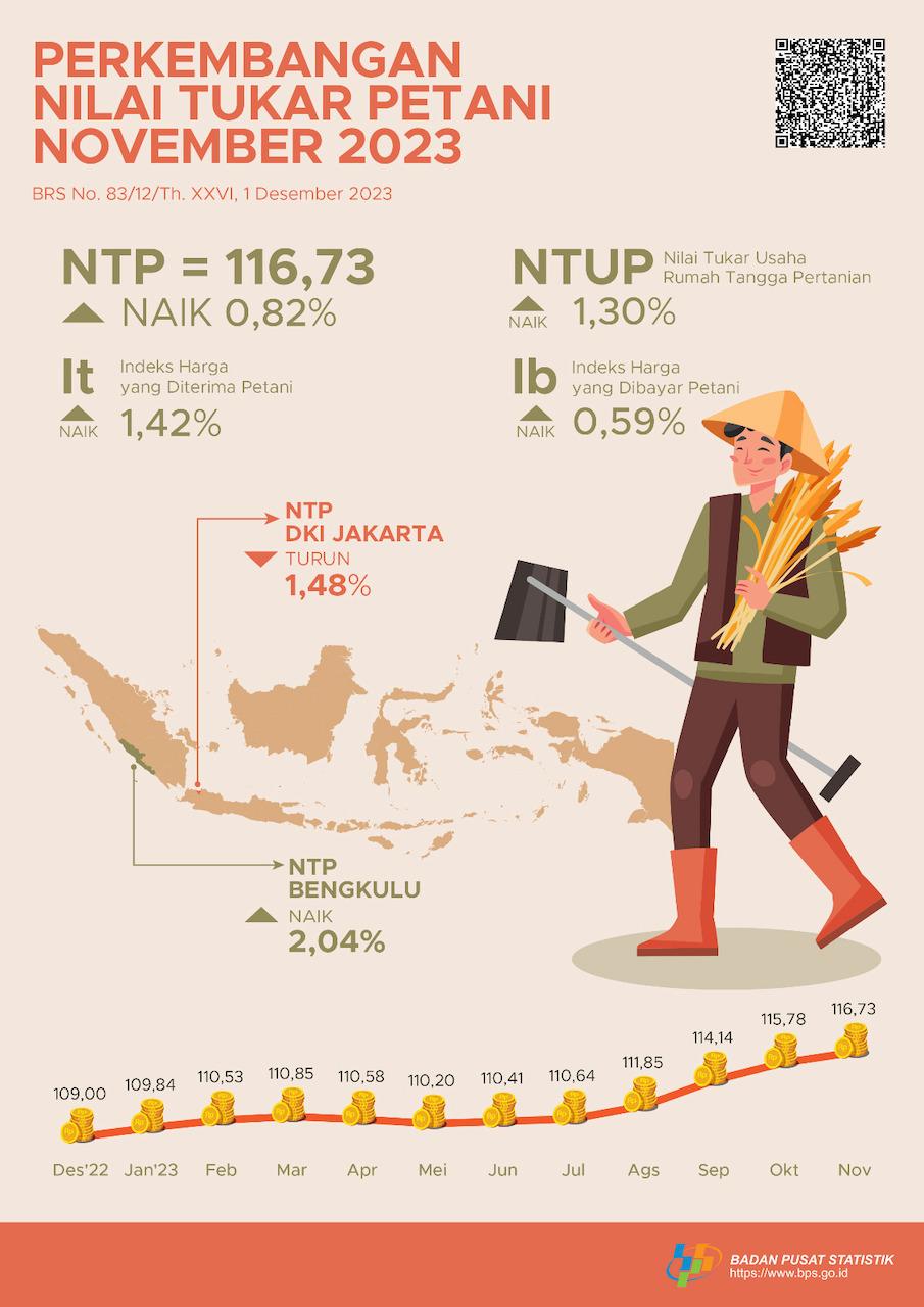 Nilai Tukar Petani (NTP) November 2023 sebesar 116,73 atau naik 0,82 persen. Harga Gabah Kering Panen di Tingkat Petani turun 1,94 persen dan Harga Beras Premium di Penggilingan turun 0,91 persen.