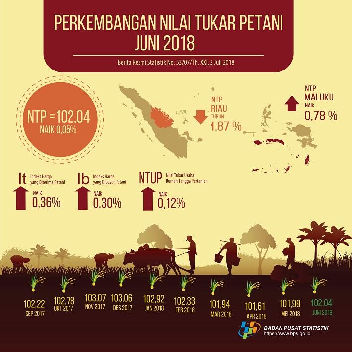 Nilai Tukar Petani (NTP) Juni 2018 sebesar 102,04 atau naik 0,05 persen. Harga Gabah Kering Panen di Tingkat Petani naik 2,10 Persen dan Harga Beras Medium di Penggilingan turun 0,60 persen.