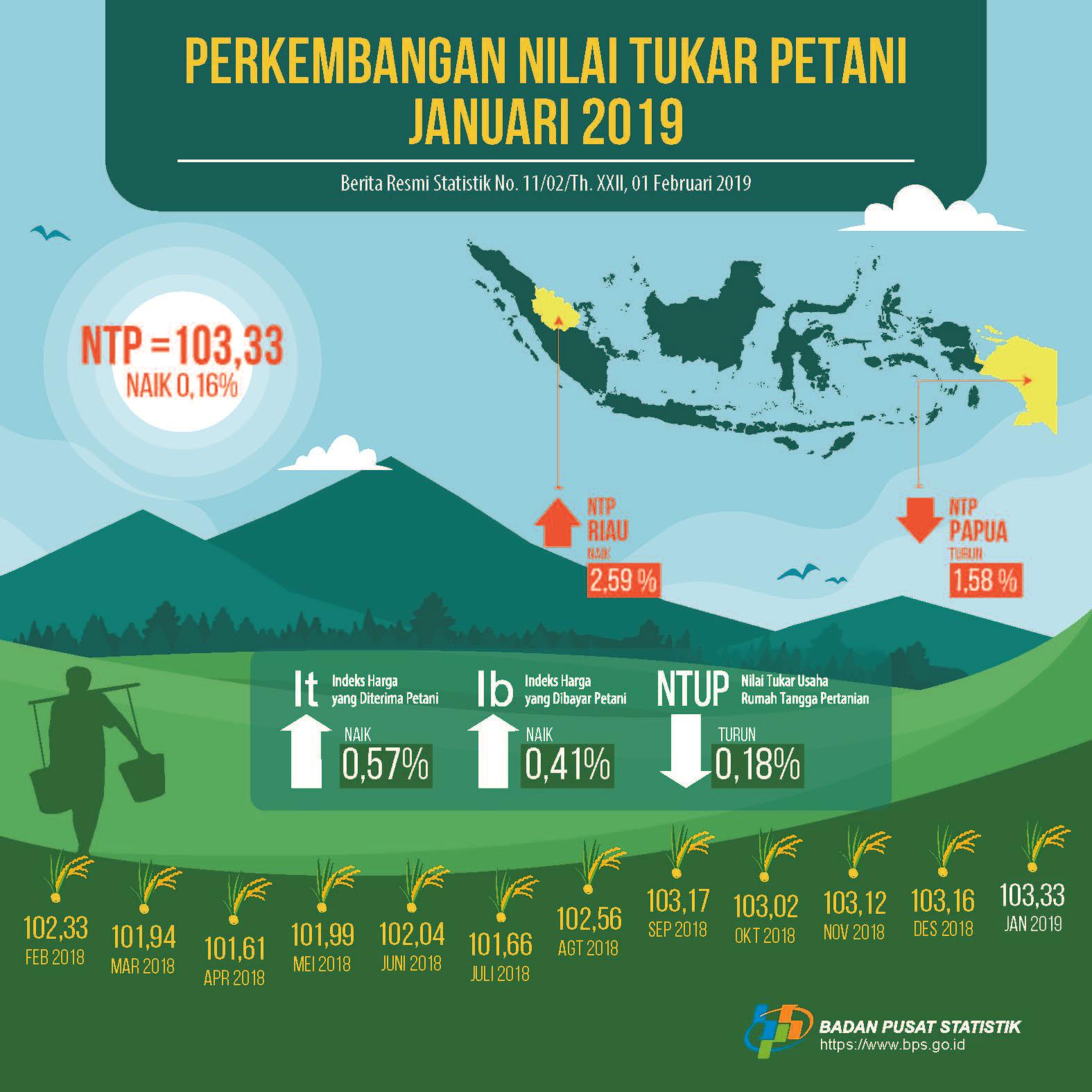 Nilai Tukar Petani (NTP) Januari 2019 sebesar 103,33 atau naik 0,16 persen. Harga Gabah Kering Panen di Tingkat Petani naik 2,22 persen dan Harga Beras Medium di Penggilingan naik 1,06 persen